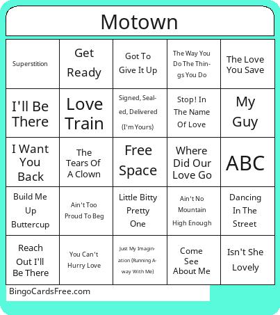 Motown Bingo Cards Free Pdf Printable Game, Title: Motown