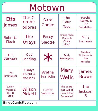 Motown Bingo Cards Free Pdf Printable Game, Title: Motown 
