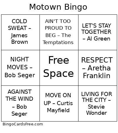 Motown Bingo Cards Free Pdf Printable Game, Title: Motown Bingo