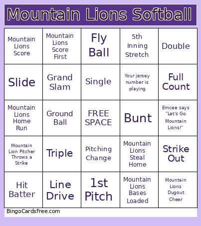 Mountain Lions Softball Bingo Card
