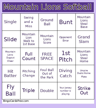 Mountain Lions Softball Bingo Card
