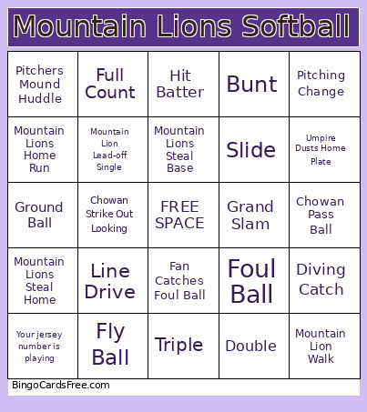 Mountain Lions Softball Bingo Card