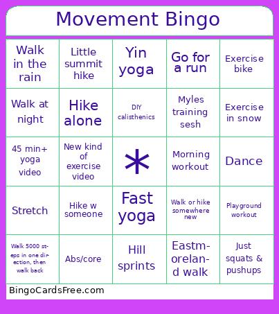 Movement Bingo Cards Free Pdf Printable Game, Title: Movement Bingo