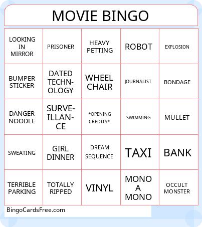 MOVIE BINGO Cards Free Pdf Printable Game, Title: MOVIE BINGO