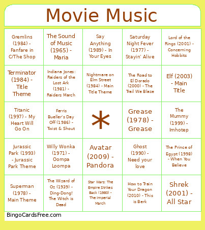 Movie Music Bingo Card