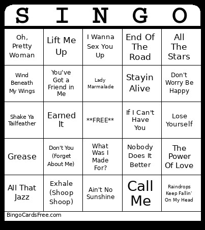 Movie Singo #2 Bingo Card