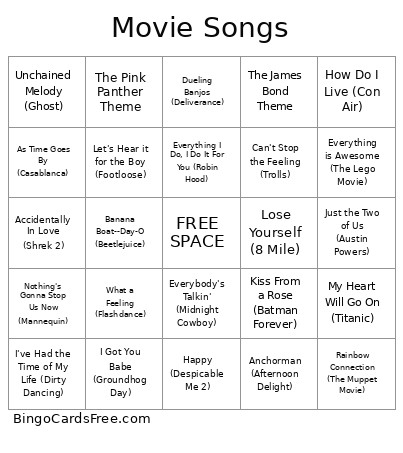 Movie Songs Bingo Card