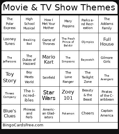 Movie & TV Show Themes Bingo Cards Free Pdf Printable Game, Title: Movie & TV Show Themes