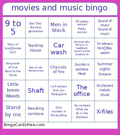 Movies And Music Bingo Card