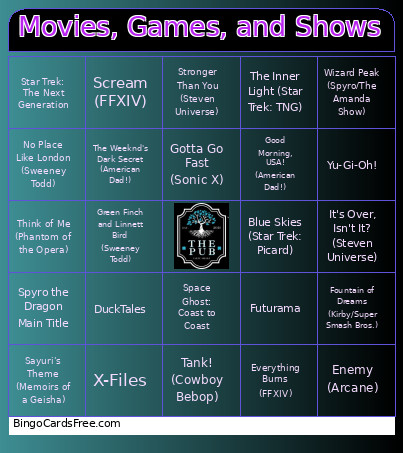 Movies, Games, And Shows Bingo Card