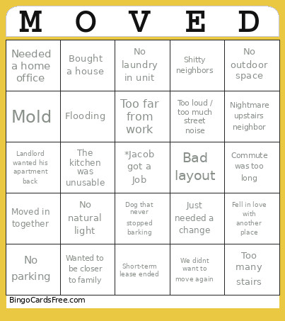 Moving Reasons Bingo Card