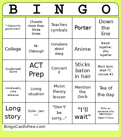 Mr. Box Concert Band Bingo Card