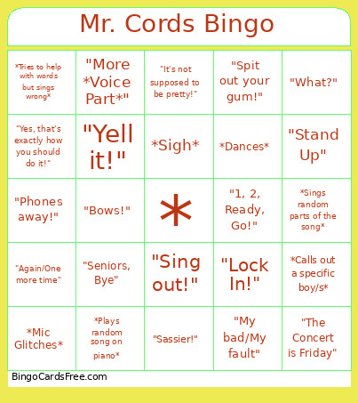 Mr. Cords Bingo Card