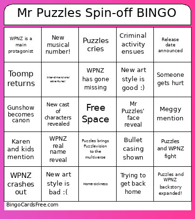 Mr Puzzles Spin-off Bingo Card