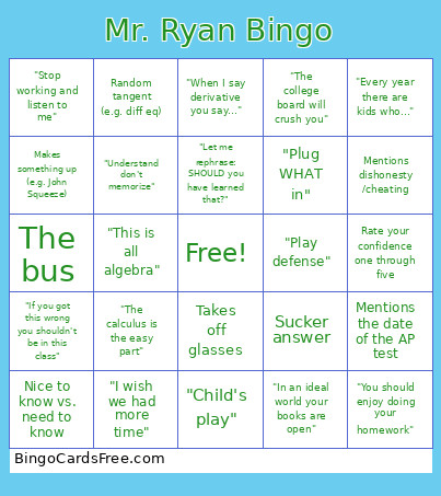 Mr. Ryan Bingo Card