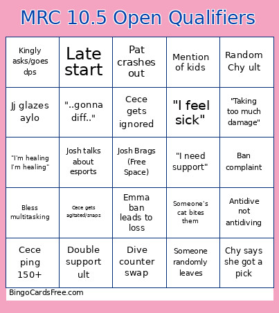 MRC 10.5 Open Qualifiers Bingo Card