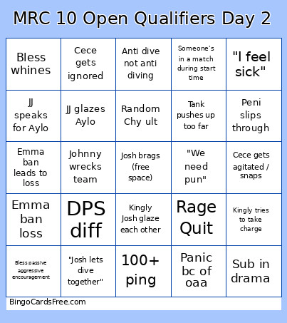 MRC 10 Open Qualifiers Day 2 Bingo Card