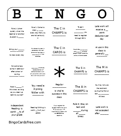 Mrs. Brosseau 101 Bingo Card