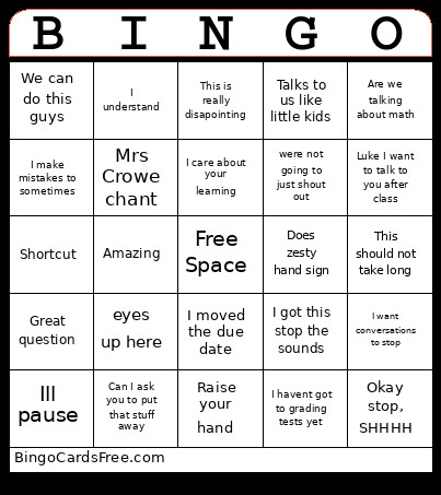 Mrs Crowe Bingo Card