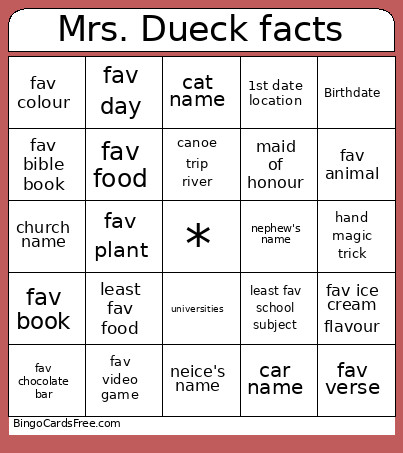 Mrs. Dueck Facts Bingo Card