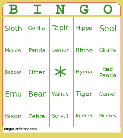 Ms. Pamela's Zoo Bingo Card