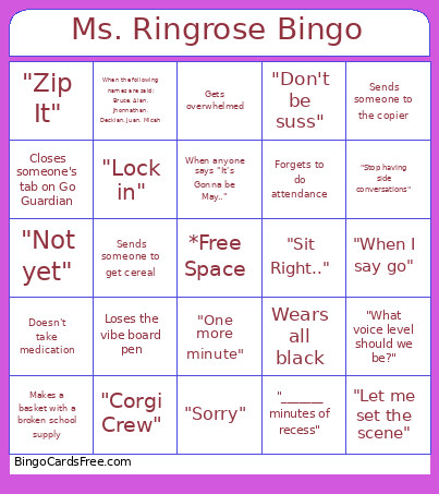 Ms. Ringrose Bingo Card