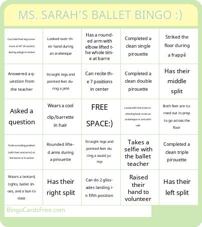 Sarah Bovat Bingo Cards Free Pdf Printable Game, Title: MS. SARAH’S BALLET BINGO :)