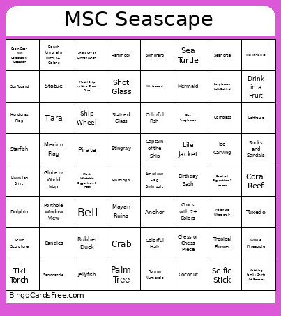 MSC Seascape Bingo Card