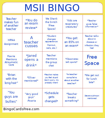 MSII Bingo Card