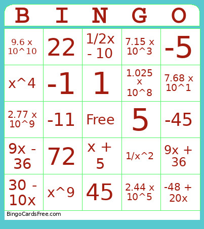MTH101 Quiz Bingo Card