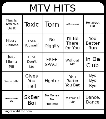 MTV Hits Bingo Card