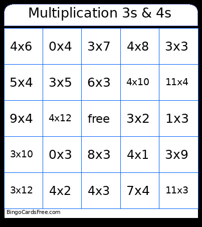 Multiplication 3s & 4s Bingo Card