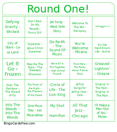 Muscials Round One Bingo Card