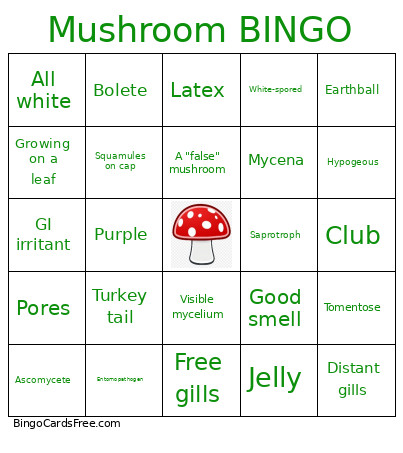 Mushroom Bingo Card