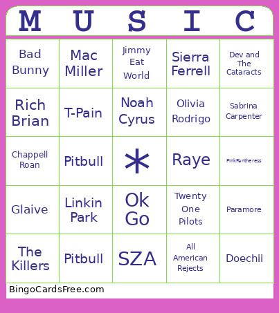 Music Artists Bingo Card