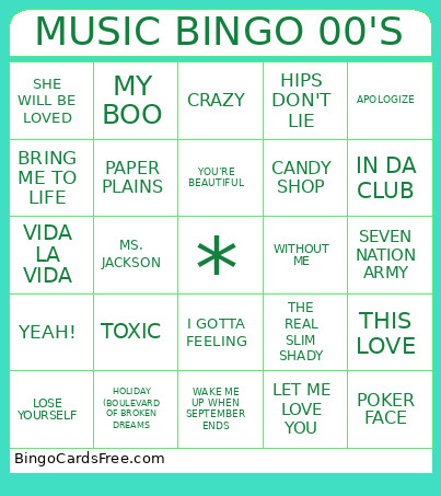 MUSIC 00'S Bingo Card
