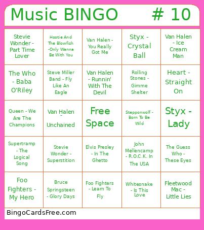 Music # 10 Bingo Card