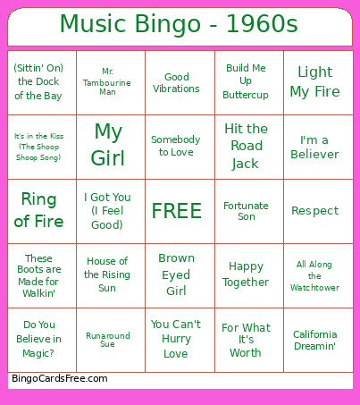 Music - 1960s Bingo Card