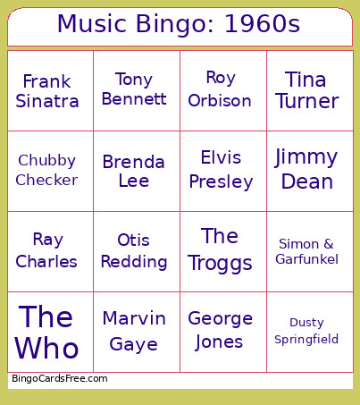 Music : 1960s Bingo Card