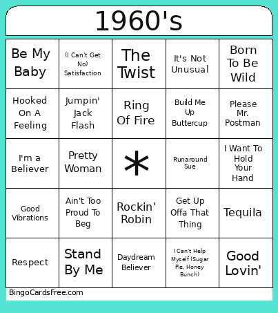 Music 1960's Bingo Card