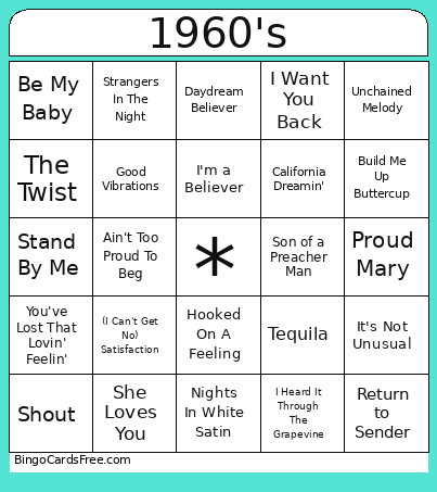 Music 1960's Bingo Card