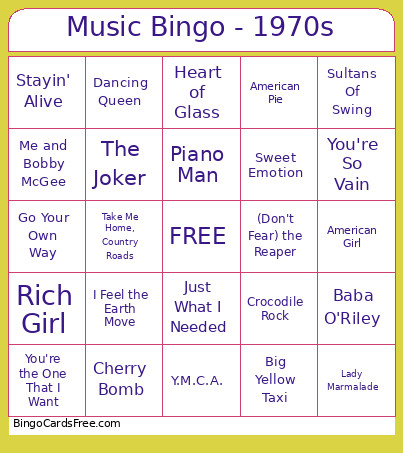 Music - 1970s Bingo Card