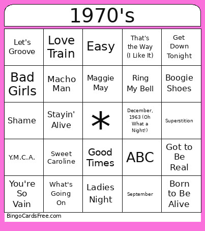 Music 1970's Bingo Card