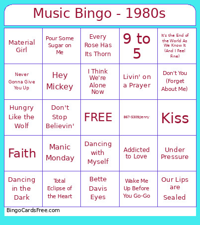 Music - 1980s Bingo Card