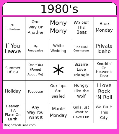 Music 1980's Combined Bingo Card