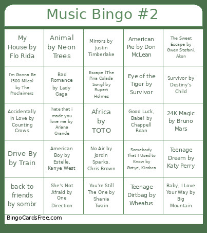 Music #2 Bingo Card