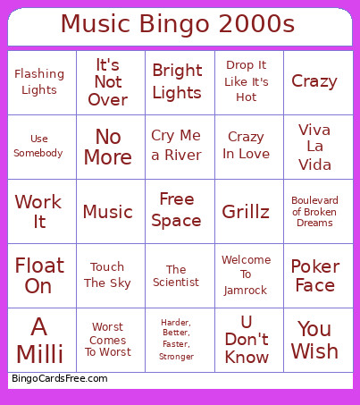 Music 2000s Bingo Card