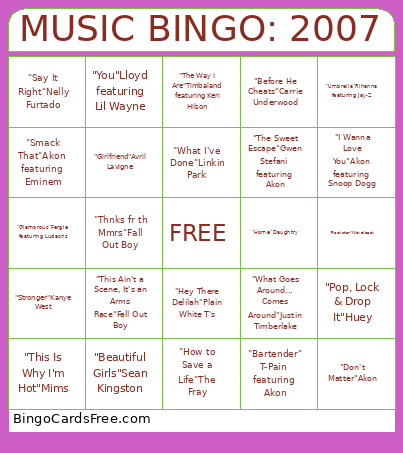 MUSIC : 2007 Bingo Card