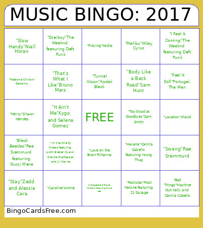 MUSIC : 2017 Bingo Card