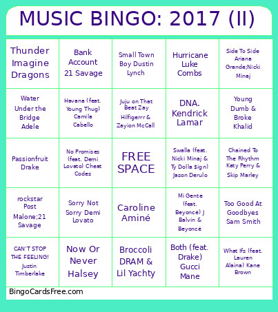 MUSIC : 2017 (II) Bingo Card